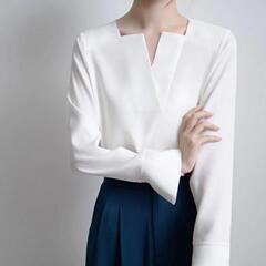 春の夏の薄いサテンのシャツの女性のフランスのvネックの高級なデザイン感の小さい大衆の新型のシフォンの長袖の上着