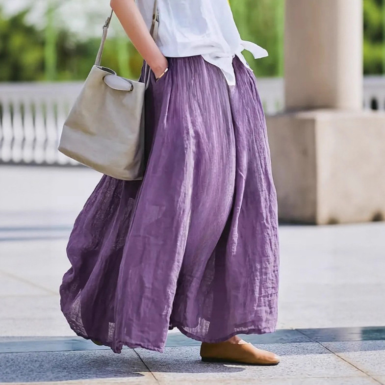 Ready Stock in All Colors and Sizes for Women Lavender Purple Retro Style Half-Length Skirt - Breathable Polyester Fiber
