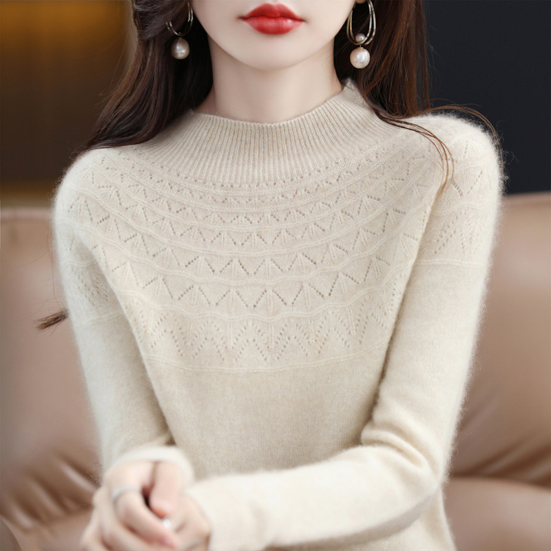 【清仓福利】一线成衣100%纯羊毛衫半高领镂空毛衣女百搭羊绒打底