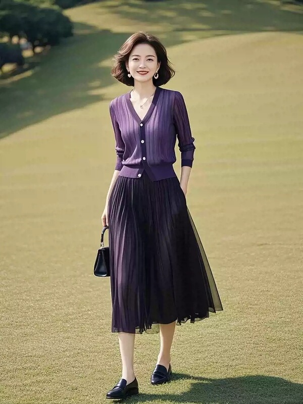 2025早秋季新款通勤休闲独特漂亮小个子紫色上衣半身裙子套装女|undefined