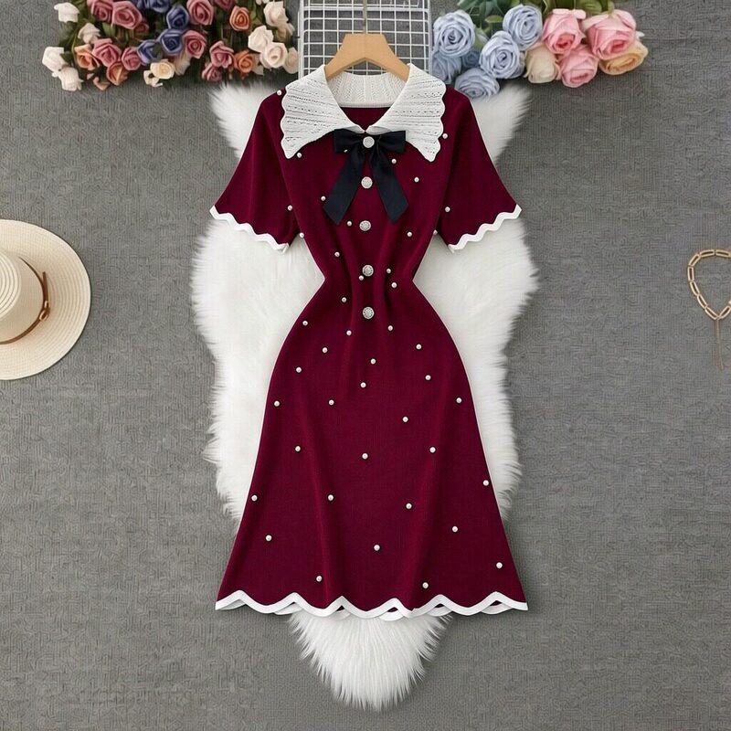 Cross-Border Foreign Trade Color-Blocked Doll Collar Dress, Elegant Waist-Cinching Fashion Bow-Knot Knit Amazon Women's Dress Cross-Border Foreign Trade Color-Blocked Doll Collar Dress, Elegant Waist-Cinching Fashion Bow-Knot Knit Amazon Women's Dress