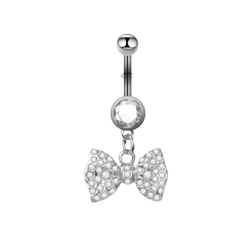 E-commerce Fashion Stainless Steel Bow Navel Piercing with Diamond-Encrusted Pendant Navel Ring – European & American Style Body Jewelry