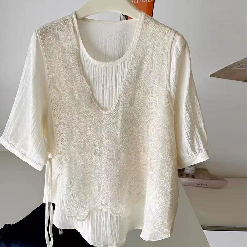 Ji Nian 2025 новая кружевная рубашка из двух частей с короткими рукавами для женщин, летняя стильная свободная футболка для похудения с короткими рукавами, топ