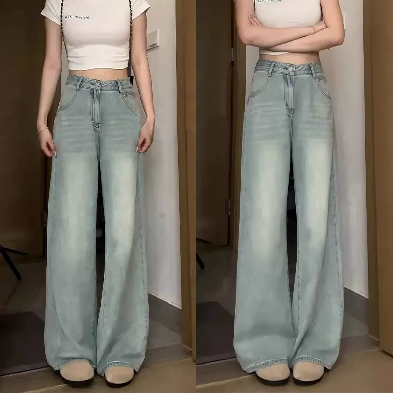 150 ледниковых синих джинсов для женщин, новинка 2025 года, миниатюрные летние тонкие прямые широкие укороченные брюки с высокой талией