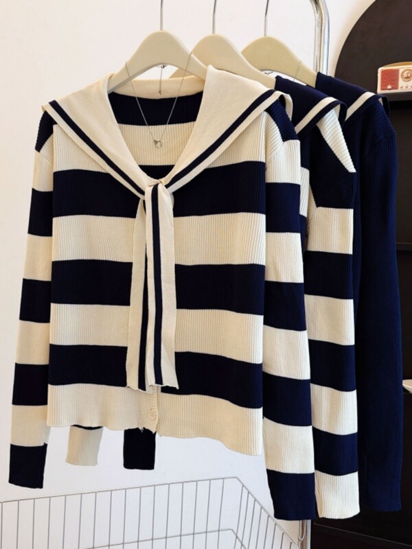 Shawl Navy Collar Striped Knitted Cardigan Women's Spring and Autumn Large Size Fat French Short Top Bottoming Sweater