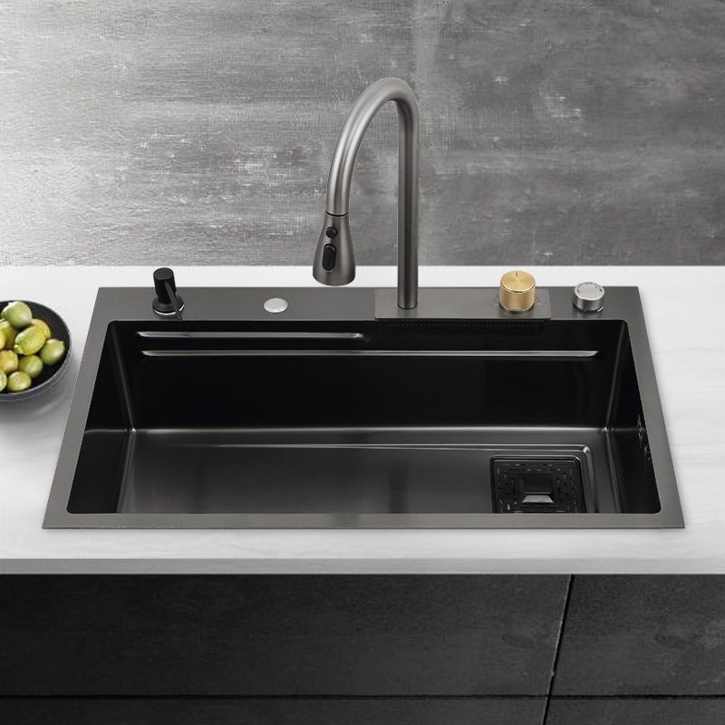 Feiyu Waterfall Handmade Large Single Slot Nano Black Stainless Steel Vegetable Washing Basin Household SUS304 Stainless Steel Kitchen Sink