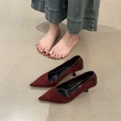 法式气质高跟鞋感2025年春秋新款百搭细跟浅口尖头红色单鞋女