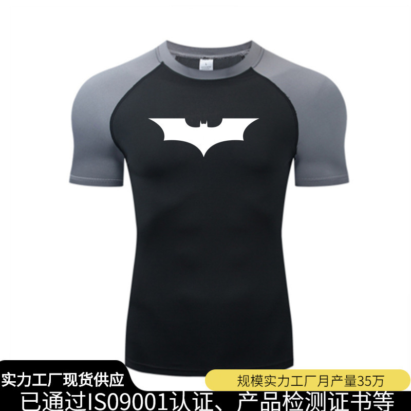 Cross-Border Men's Batman Printed Raglan Sleeves Color-Blocked T-Shirt Fitness High-Elastic Bodysuit Breathable Quick-Drying Sportswear Cross-Border Men's Batman Printed Raglan Sleeves Color-Blocked T-Shirt Fitness High-Elastic Bodysuit Breathable Quick-Drying Sportswear
