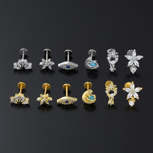 Cross-border creative flower earrings, stainless steel flat bottom lip nails, ear piercing earrings for women, European and American piercing bone nails wholesale