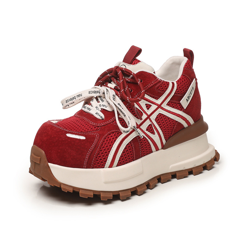 Giày sneaker nữ đế dày tăng chiều cao lưới thoáng khí phong cách dad sneaker — màu be