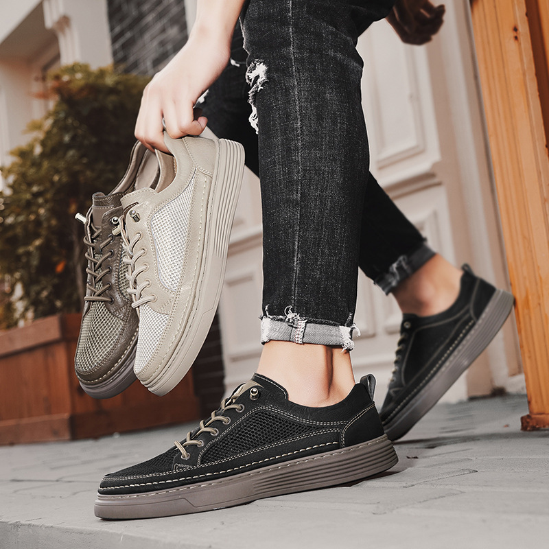 Zapatillas transpirables de malla de ojos grandes de cuero de microfibra de verano 2025 Versión coreana de zapatos negros de suela gruesa en vivo Zapatos de hombre Douyin Tide