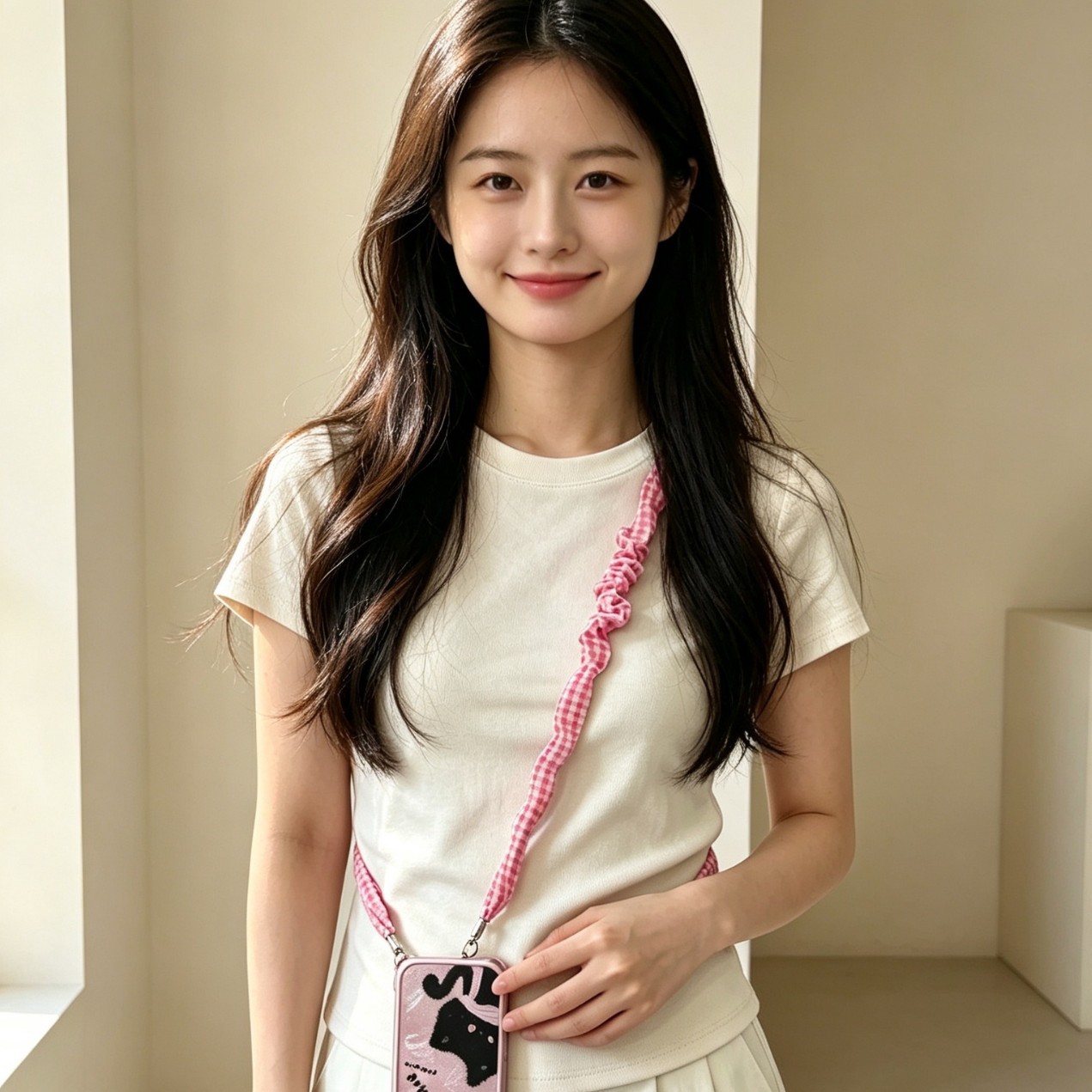 Exquisite phone chain, Korean-style fabric plaid design, long wrist strap, crossbody style, anti-loss, short pendant, keychain