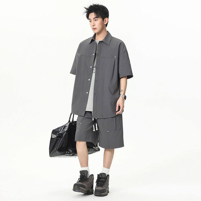 Workwear Suit Shirt for Men, Summer Trendy Brand, Loose Casual, Cool and Stylish Set, Paired with Shirt and Shorts, Couple's Two-Piece Set