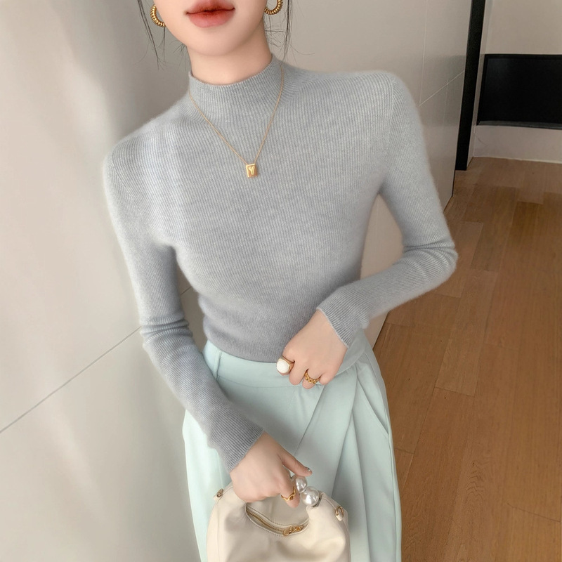 Slim-Fit Winter Thin Knit Sweater with Half-High Collar, Cashmere Sweater for Women, Base Layer Cashmere, Slimming