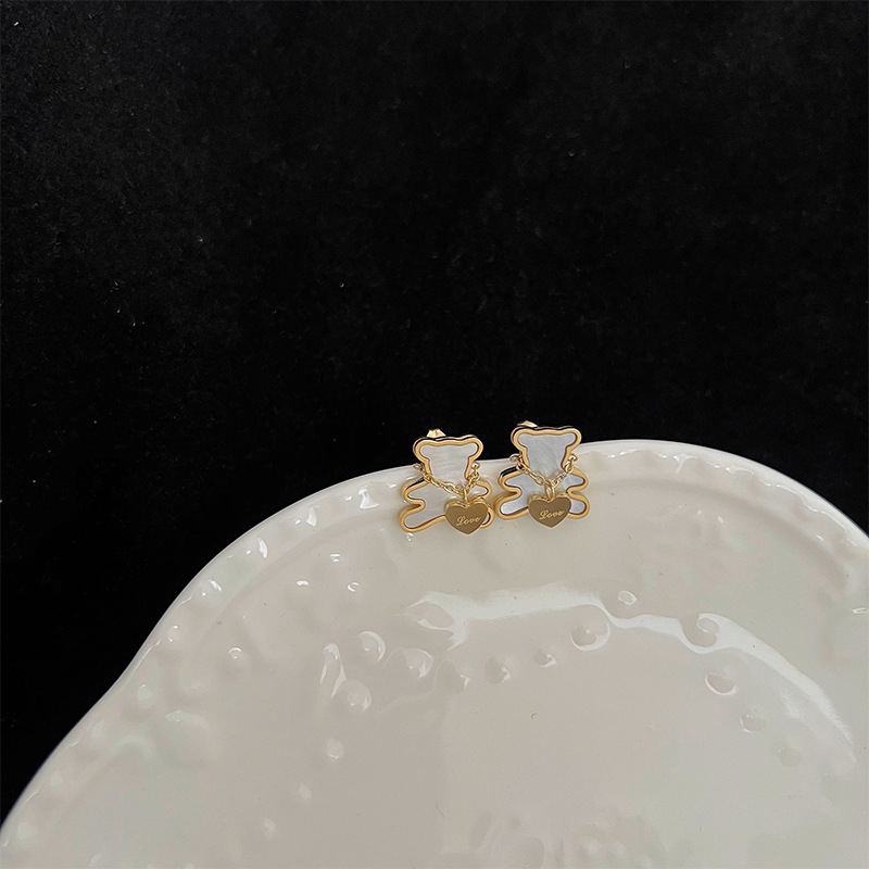 Womenu0027S Sweet Bear Stainless Steel Bracelets Ear Studs Necklace Mother pearl shellfish Jewelry S