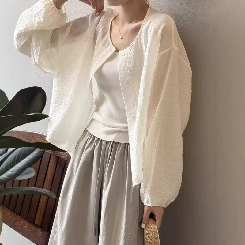 Korean-Style Lazy Style White Cotton and Linen Shirt Jacket for Women, Summer Outerwear, Sheer Cover-Up, Sun Protection Cardigan, Air Conditioning Shirt Top