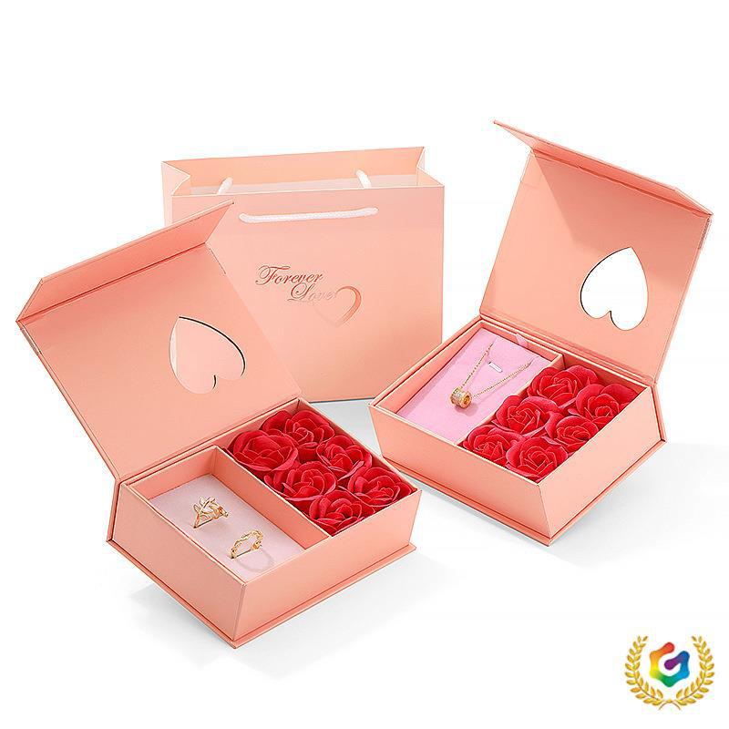 批发✅七夕情人节玫瑰花礼盒磁吸开关双层内衬戒指吊坠盒母亲节永
