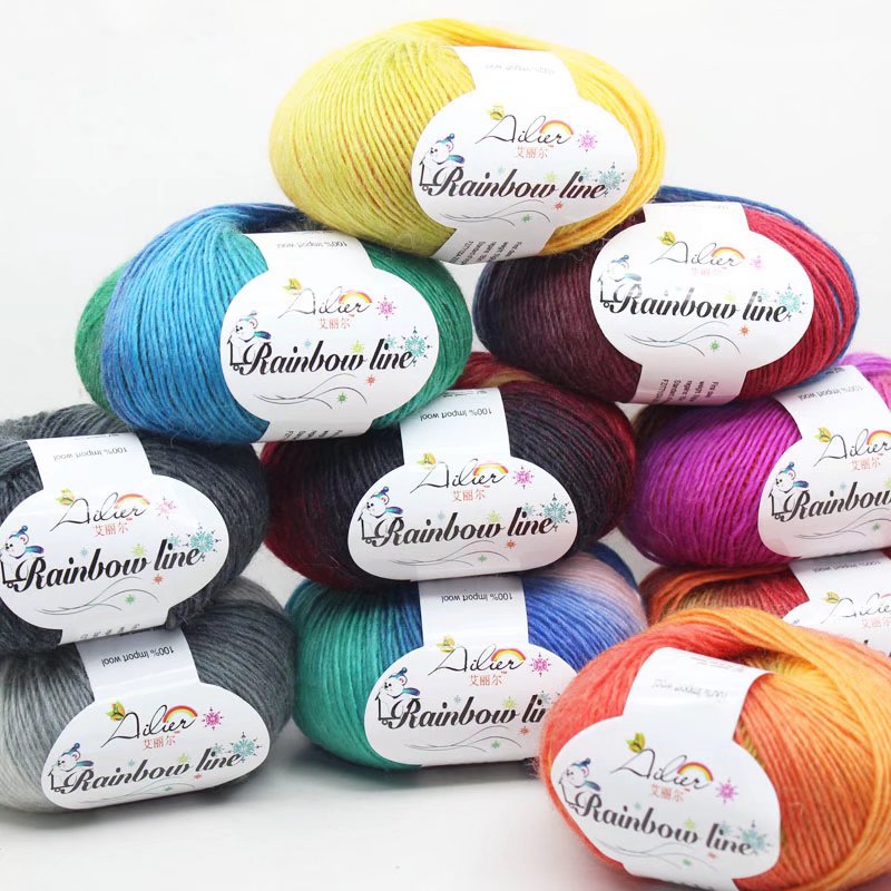 长段染羊毛蕾丝线团秋冬丝光披肩线围巾纱线手工通用编织彩虹团线