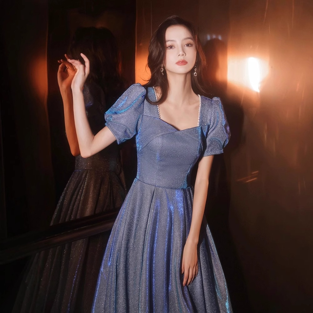 Azul vestido de noche de las mujeres banquete temperamento Socialite luz nicho de lujo de gama alta de alta gama sentido EXAMEN DE ARTE cielo estrellado anfitrión REUNIÓN ANUAL