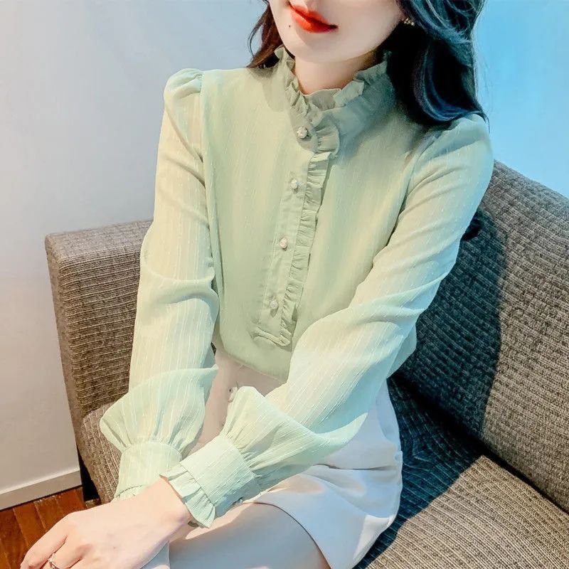 2025春秋新款法式蕾丝雪纺衫女时髦立领花边拼接长袖优雅百搭上衣|undefined