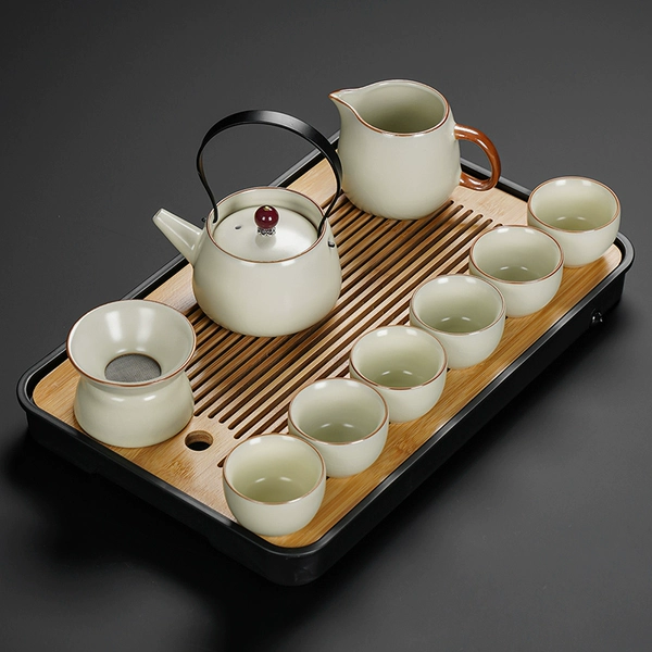Huang Ru kiln Xingyun Ti Liang Pot Six Cup 9 -piece set+rectangular black tea tray
