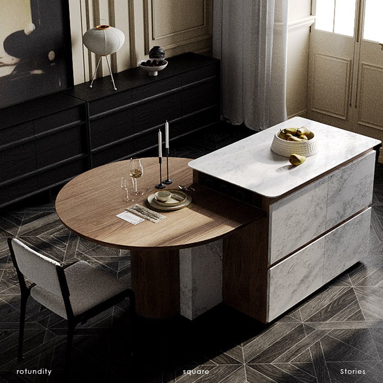 Mesa de comedor de plataforma de isla Mesa de comedor de nogal retráctil para el hogar Mesa redonda de caída Mesa de comedor de alta gama más mesa de guía circular