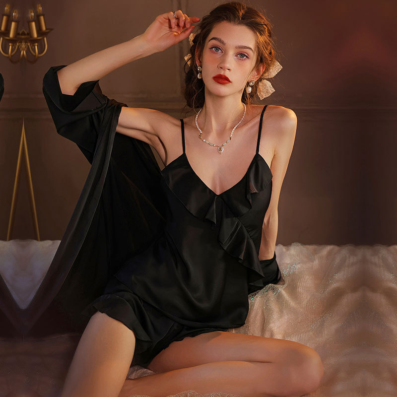 New style pajamas sexy seductive women's ruffled suspender shorts suit nightgown Ice Silk three-piece homewear