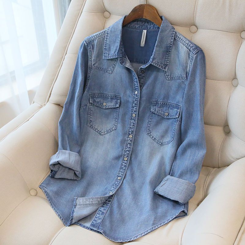 town shop good goods! Tencel Denim Shirt Women's Long-sleeved Inner Shirt 2025 Spring and Autumn Loose Niche Korean-style Summer Fashion