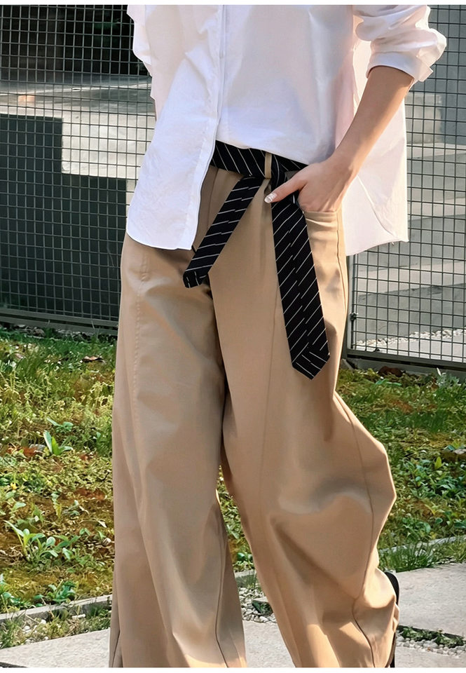 Quần tây nữ ống đứng dáng rộng cạp cao, phong cách tối giản, vải rủ nhẹ — Màu kaki sương mù chi tiết 1