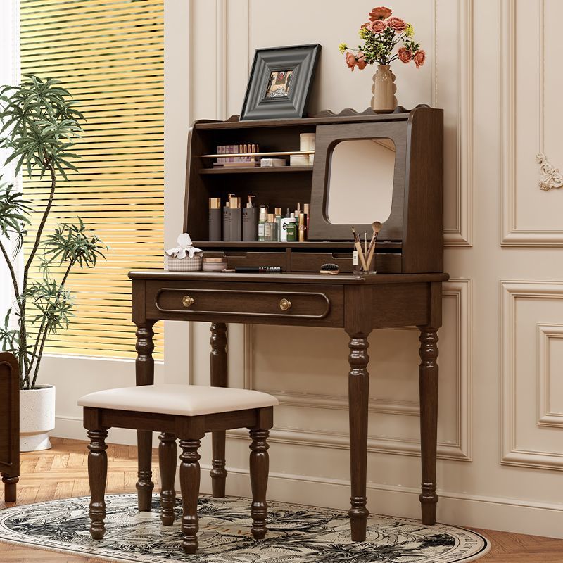 French Solid Wood Dressing Table with Makeup Mirror, Retro American Dressing Table, Desk, Integrated Mid-Century Style Small Apartment Storage Cabinet
