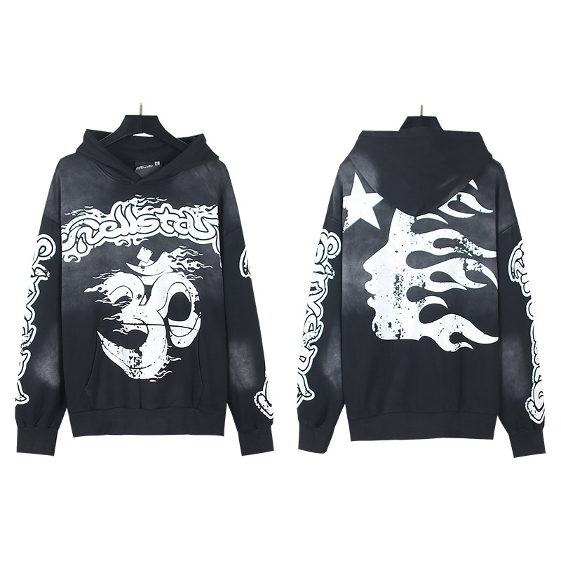 Hellstar ヨーロッパとアメリカのトレンディなブランド、ハイストリート、レトロ、ウォッシュド、ダメージ加工、プリント、ストリート、ルーズフィットのパーカー、男性用と女性用のスウェットシャツ|undefined