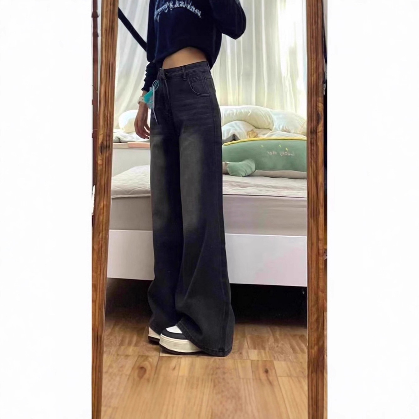 High-Waisted Loose Wide-Leg Flared Jeans for Women, Autumn Black and Gray, Petite, Slimming, Floor-Length, Trendy
