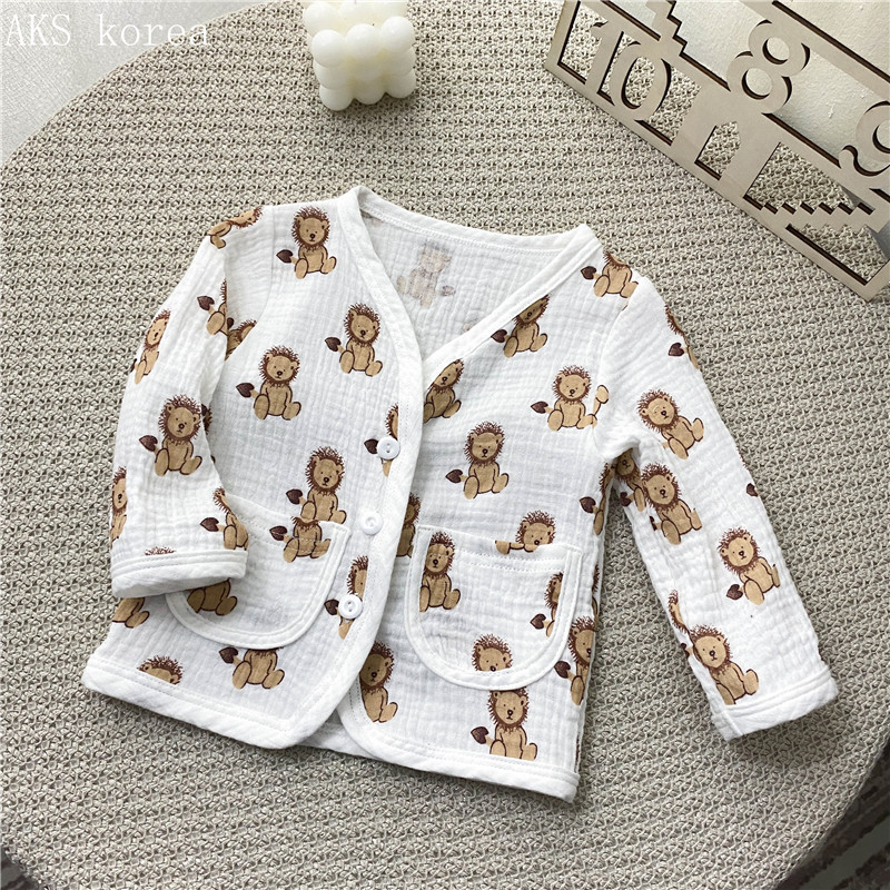 한국식 아동복 면 거즈 곰 스타일 긴팔 코트 봄, 가을 간단한 긴팔 코트 남성과 여성  유행 가디건