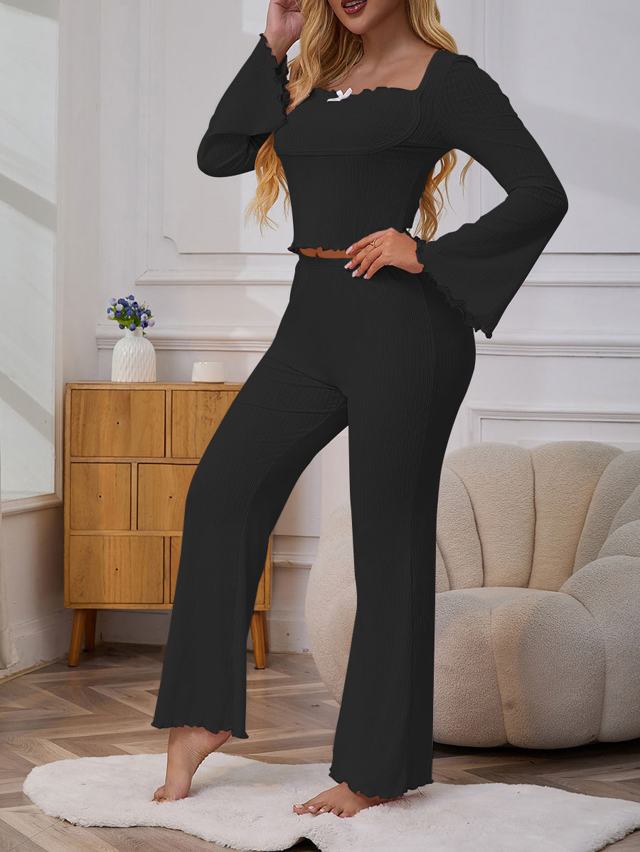 Europeos y estadounidenses trajes de mujer transfronterizos de moda sexy simple cuerno mangas rizadas arco mangas largas pantalones largos pijamas ropa doméstica image 7