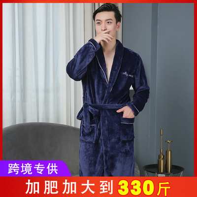 法蘭絨男睡袍大號300斤肥佬加厚保暖珊瑚絨pajamas亞馬遜跨境專供