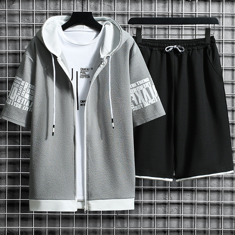 2024 New Summer Style Men's Cardigan Sweatshirt Set Youth Hooded Casual Korean Style Sportswear Two-Piece Set