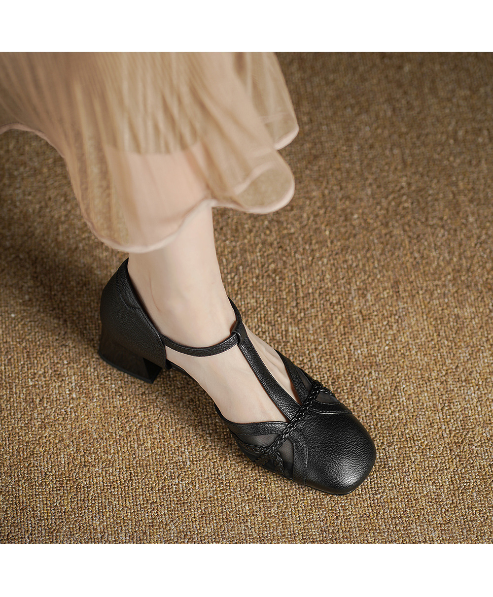 Giày sandal cao gót nữ hở mũi da cừu lưới gót vuông quai chữ T — đen chi tiết 8