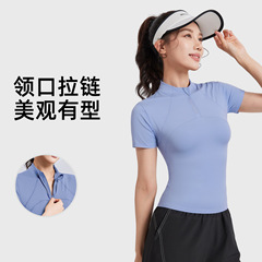 立襟半ファスナー運動半袖新型レジャー修身ヨガ上着屋外ランニングトレーニング服tシャツ代発