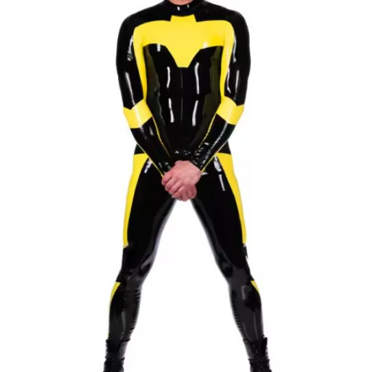 Latex Clothing, Latex Bodysuit, Black and Yellow Color Combination, Back Zipper, Latex Men's Jumpsuit