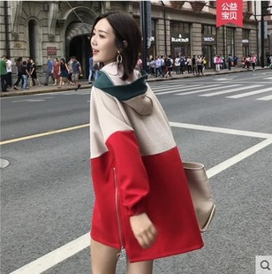 Maternity clothes 2023 new autumn and winter suit Western style fashionable winter top fleece-lined thickened contrast color hooded sweater fashion