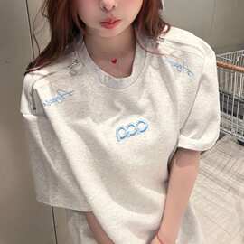 星星吊坠拉链设计感字母刺绣正肩短袖男女款夏重磅棉美式T恤批发