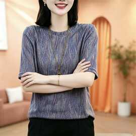 夏季轻薄闪丝中袖体恤单色紫灰波纹圆领宽松减龄通勤女士内搭上衣