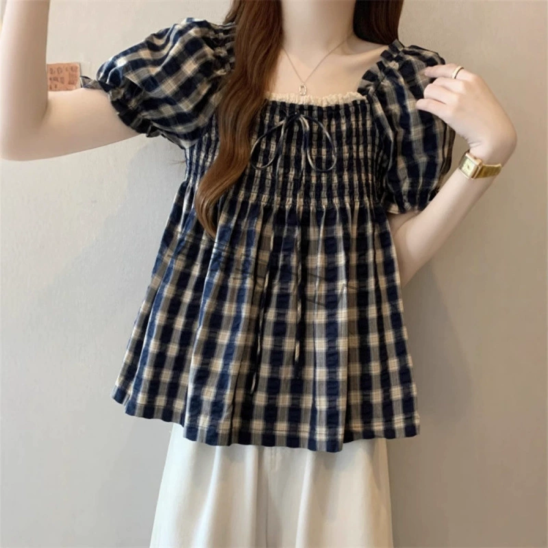 大码高级感复古格子正肩短袖衬衫女夏显瘦法式方领娃娃衫上衣
