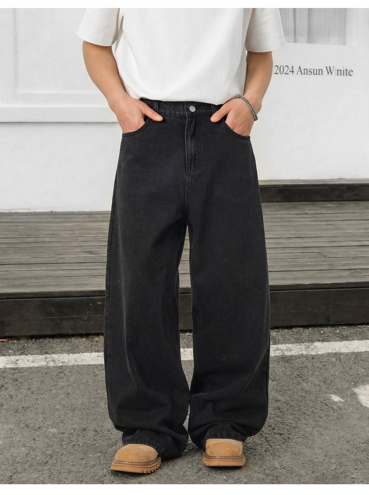 Vintage Washed Black Denim Jeans For Men - Relaxed Fit Straight Leg Casual Trousers With High Street Style_mkmklike.com