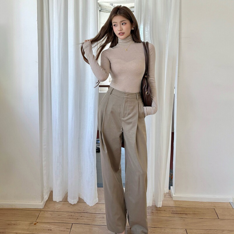 S2001 New Style Old Money Style High-Waisted Wide-Leg Pants Khaki Color Women's Versatile Casual Trousers S2001 New Style Old Money Style High-Waisted Wide-Leg Pants Khaki Color Women's Versatile Casual Trousers