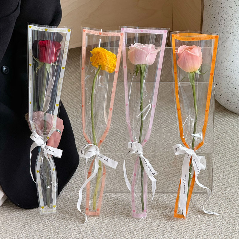 梯形鲜花袋 单支英文透明鲜花包装袋塑料包花袋单支袋 花束包装袋