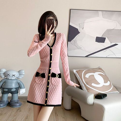 Spring and Autumn New Chanel Style Collar Long-Sleeve Bow Knit Dress with Sensual Waist Cinching Slimming Inner Sweater