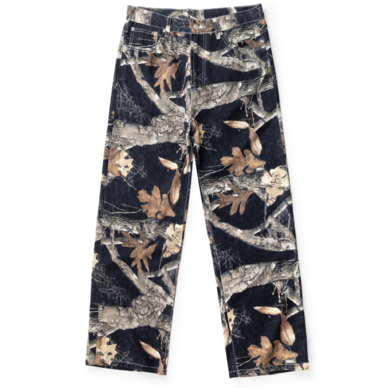 New American-style trendy branch and maple leaf denim pants, men's high-street straight-leg, loose-fitting casual long pants, featuring graffiti and camouflage patterns New American-style trendy branch and maple leaf denim pants, men's high-street straight-leg, loose-fitting casual long pants, featuring graffiti and camouflage patterns