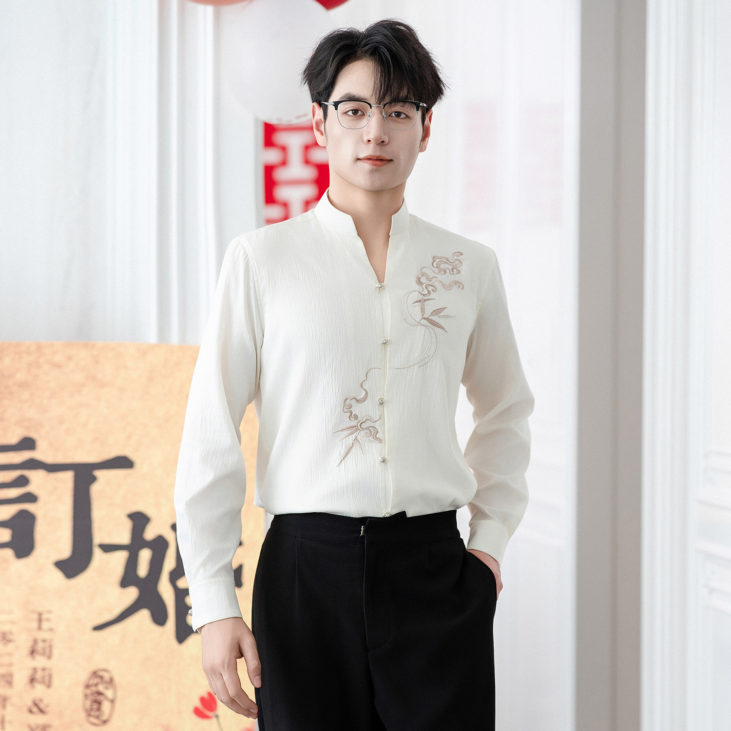 新中式订婚男装立领白色衬衫套装男士国风刺绣结婚套装长袖中山装