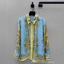 法式新款名媛气质轻奢宫廷风巴洛克斜纹真丝印花衬衫女宽松上衣